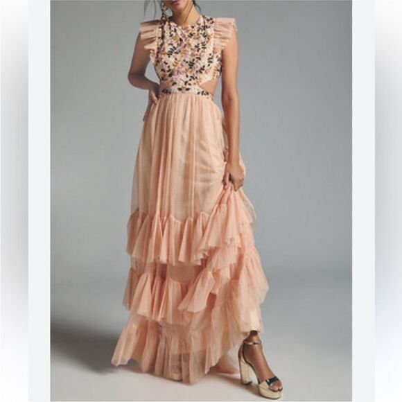 Mac Duggal Floral Embroidered Tulle Gown Sz 6 Peach Pink Tiered Maxi Dress - Picture 13 of 13